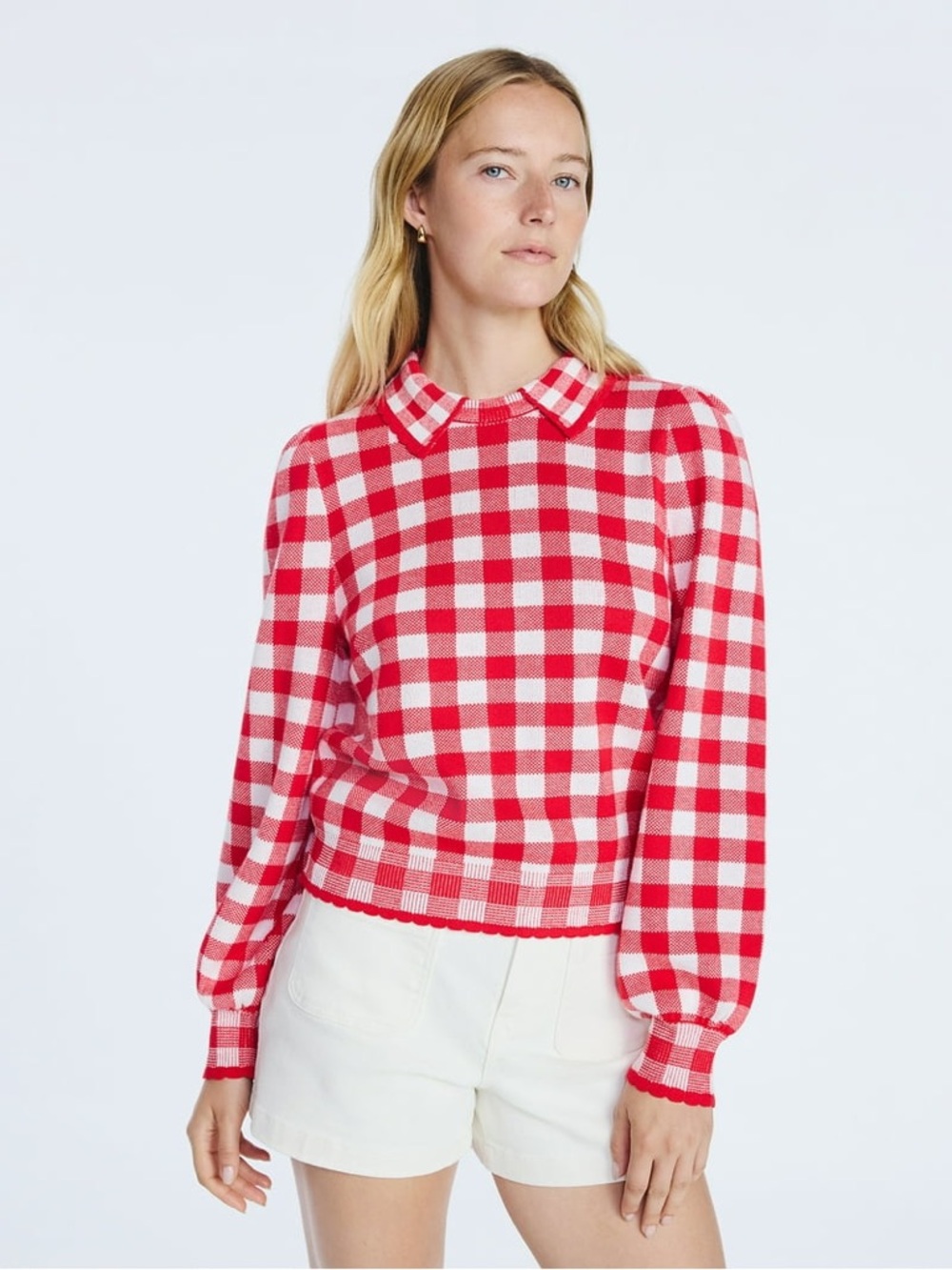 Free Assembly Collared Knit Sweater Puff Sleeve Red Gingham Plaid Small Preppy